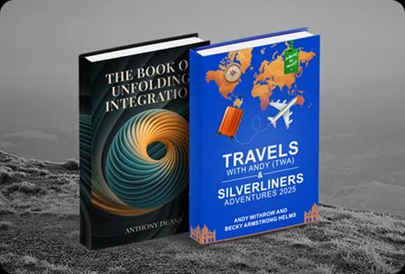 Audiobook mockups shown over a landscape